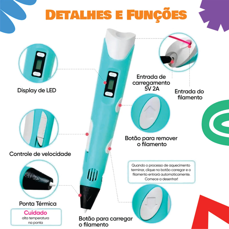 Caneta Impressora 3D PLA Bella + 10 BRINDES Filamento Colorido 50 Metros
