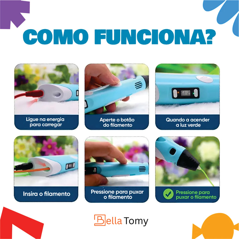 Caneta Impressora 3D PLA Bella + 10 BRINDES Filamento Colorido 50 Metros