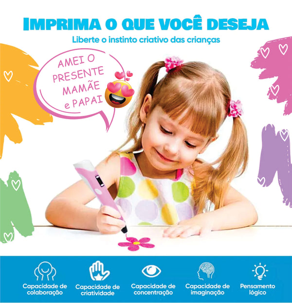 Caneta Impressora 3D PLA Bella + 10 BRINDES Filamento Colorido 50 Metros